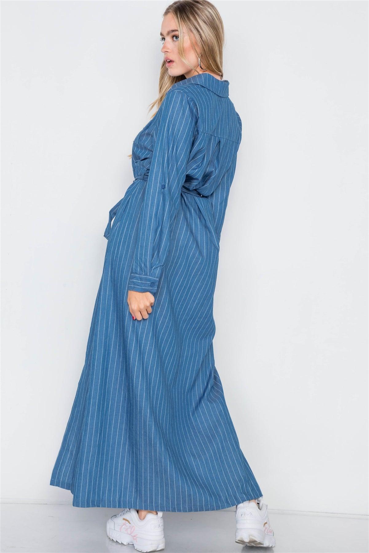 Denim Blue Stripe M-Slit Button Maxi Shirt Dress /2-2-2