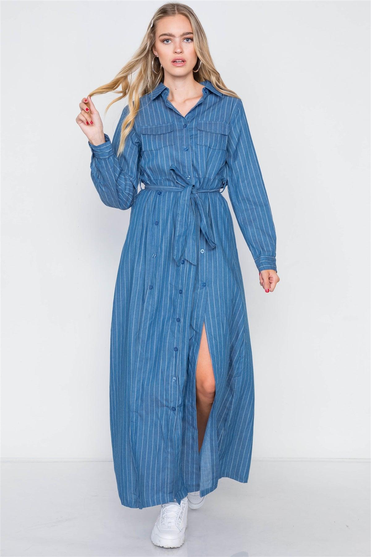 Denim Blue Stripe M-Slit Button Maxi Shirt Dress /2-2-2