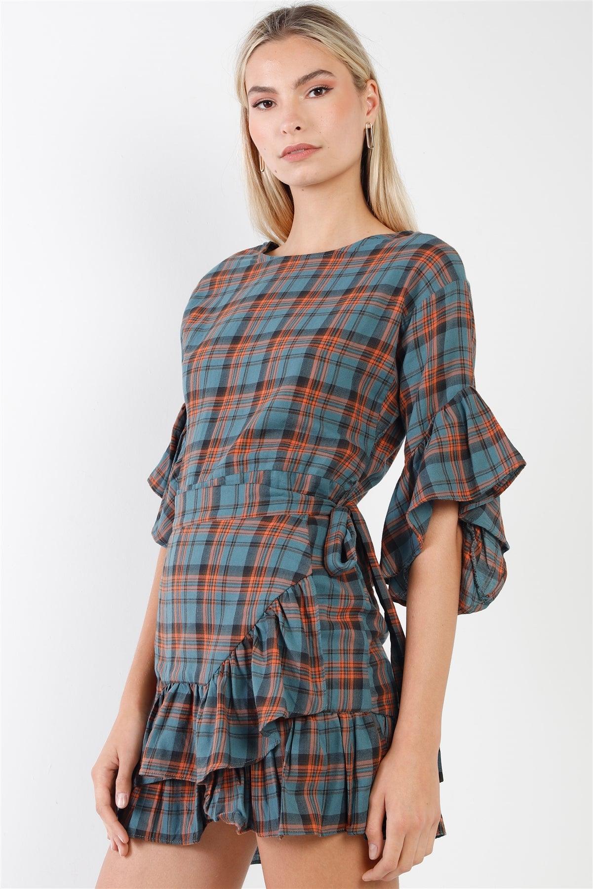 Blue Plaid Shirred Hem Front-Tie Mini Dress /2-2-2