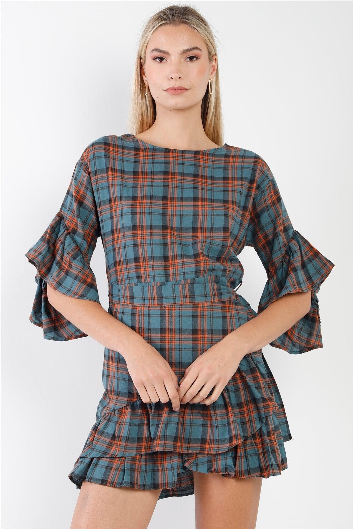 Blue Plaid Shirred Hem Front-Tie Mini Dress /2-2-2