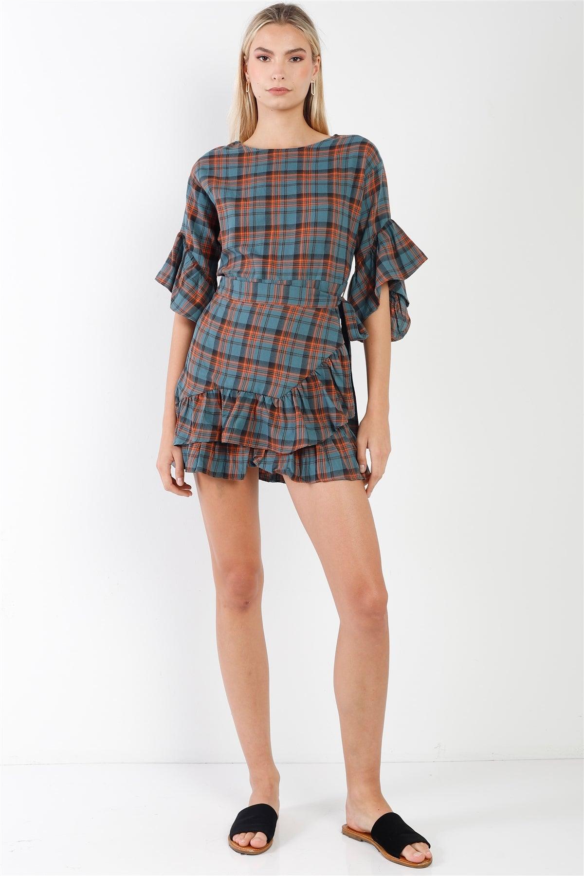 Blue Plaid Shirred Hem Front-Tie Mini Dress /2-2-2