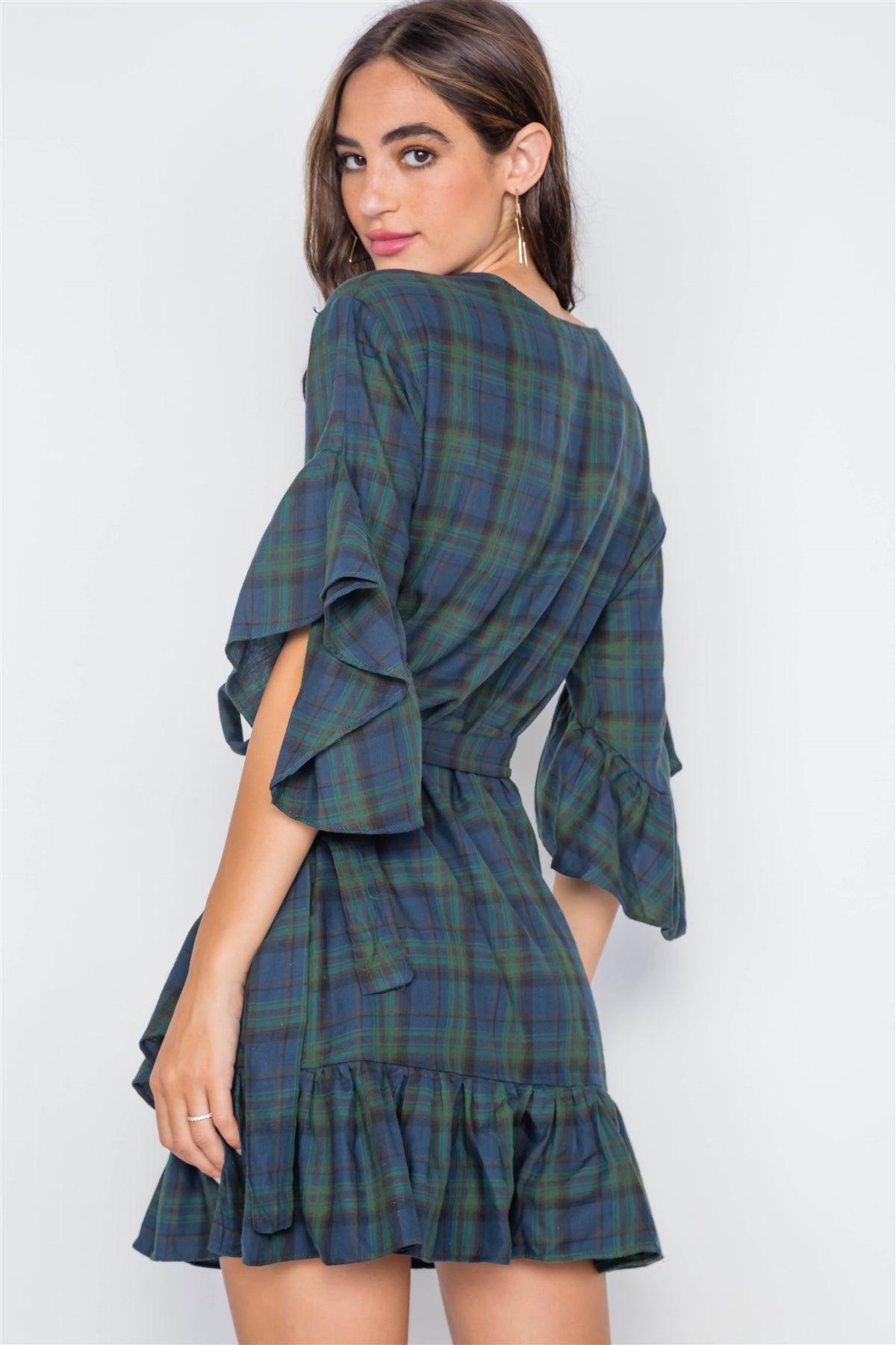 Green Plaid Shirred Hem Front-Tie Mini Dress /2-2-2