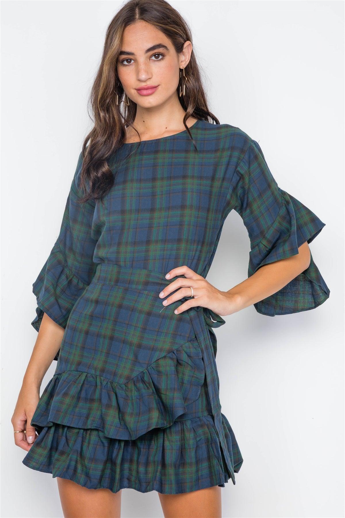 Green Plaid Shirred Hem Front-Tie Mini Dress /2-2-2