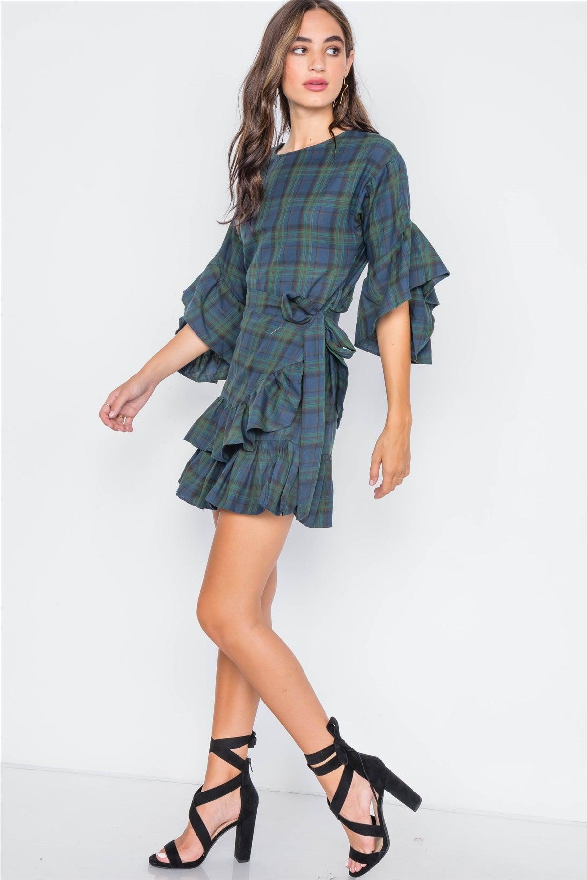 Green Plaid Shirred Hem Front-Tie Mini Dress /2-2-2