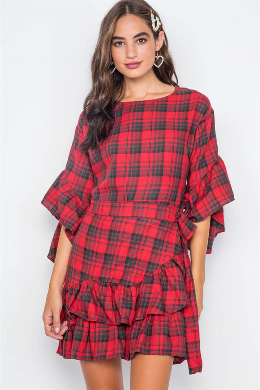 Red Plaid Shirred Hem Front-Tie Mini Dress /2-2-2