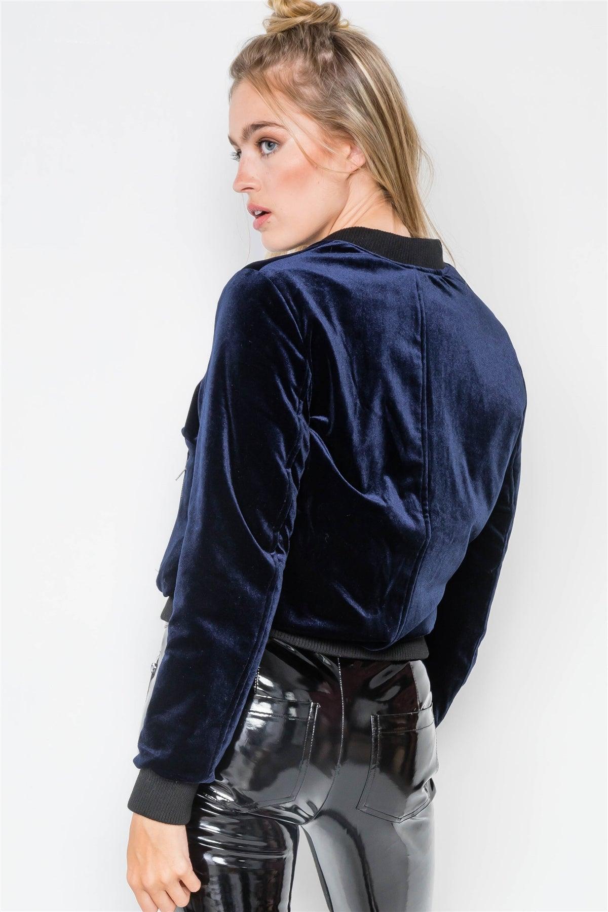 Navy Velvet Zip-Front Bomber Jacket / 2-2-2