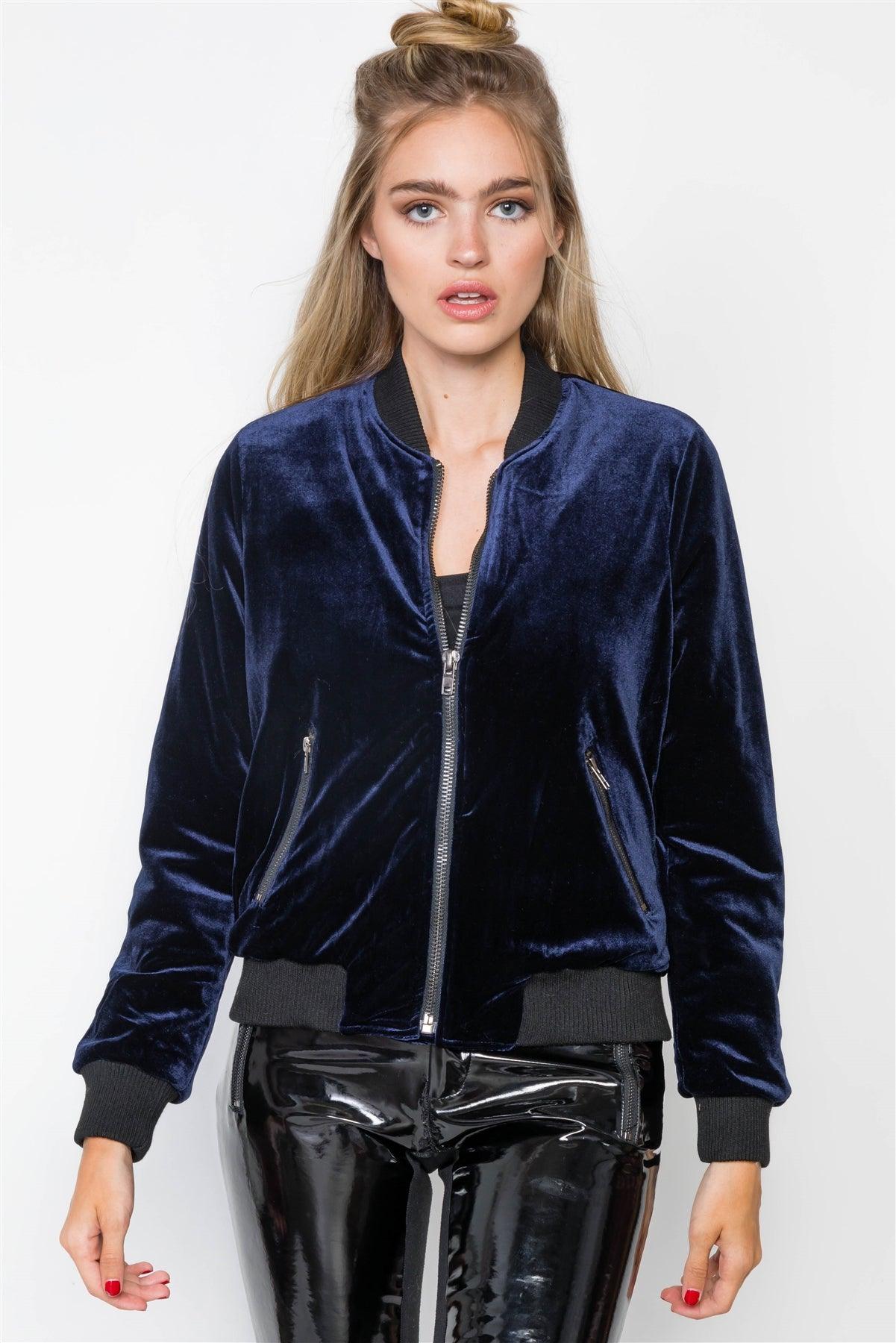 Navy Velvet Zip-Front Bomber Jacket / 2-2-2