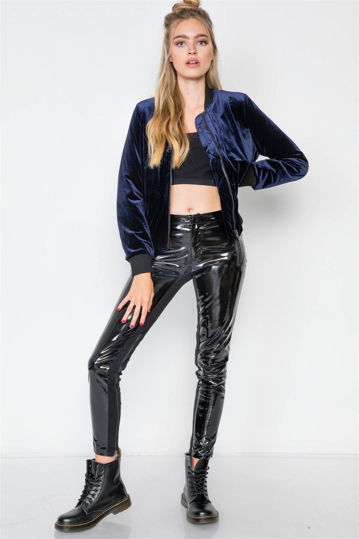 Navy Velvet Zip-Front Bomber Jacket / 2-2-2