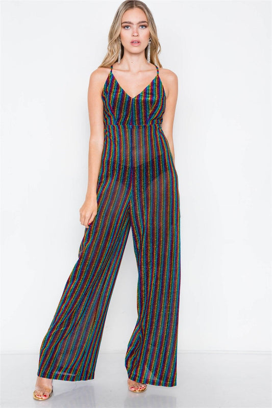 Multi Stripe Wide Leg Cami V-Neck Jumpsuit /2-2-2