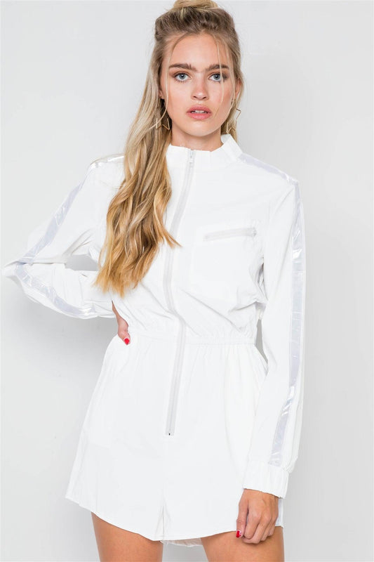 White Reflective Zip-Front Long Sleeve Romper /2-2-2