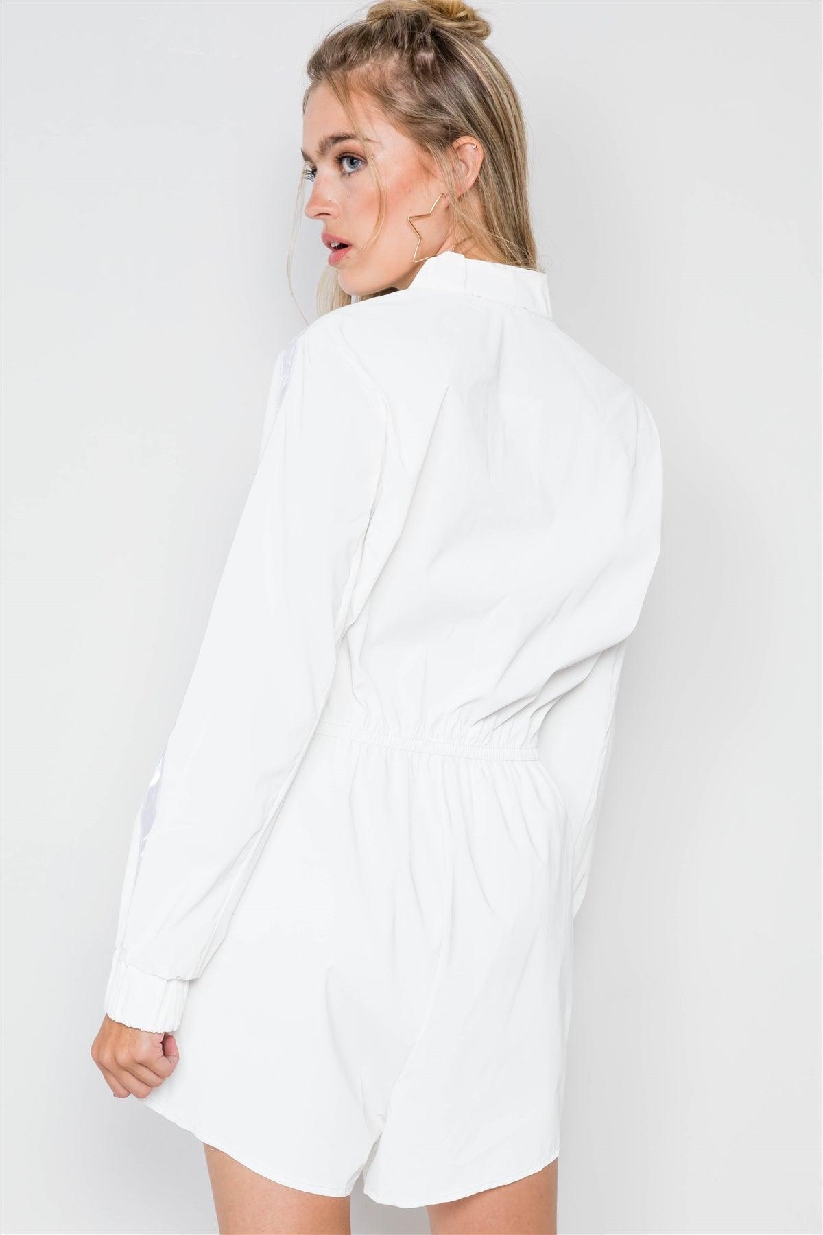 White Reflective Zip-Front Long Sleeve Romper /2-2-2