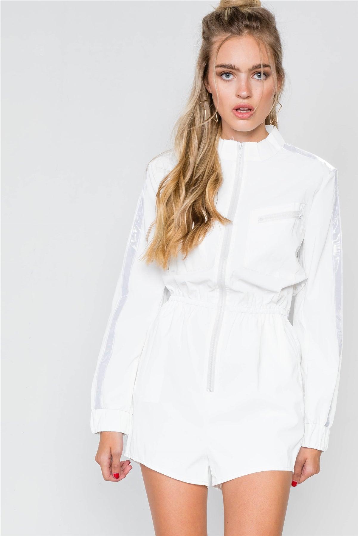 White Reflective Zip-Front Long Sleeve Romper /2-2-2