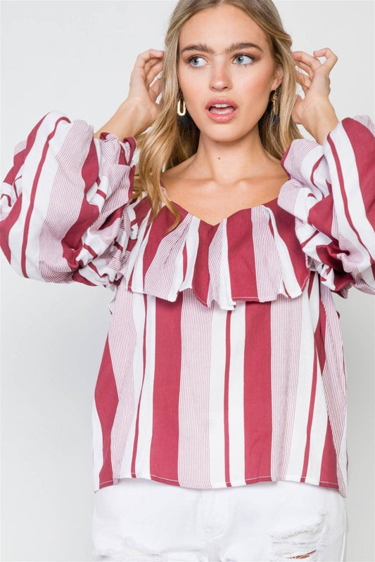 Burgundy Puff-Sleeve Stripe Cami Boho Top /2-2-2