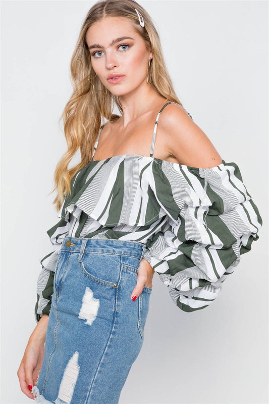 Olive Puff-Sleeve Stripe Cami Boho Top /2-2-2