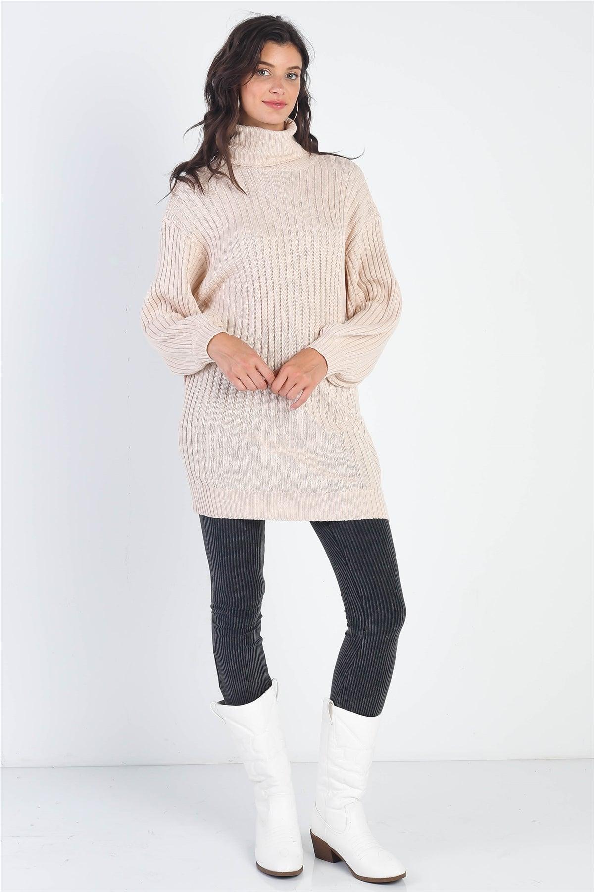 Ecru Cotton Blend Knit Ribbed Turtle Neck Sweater /1-2-2