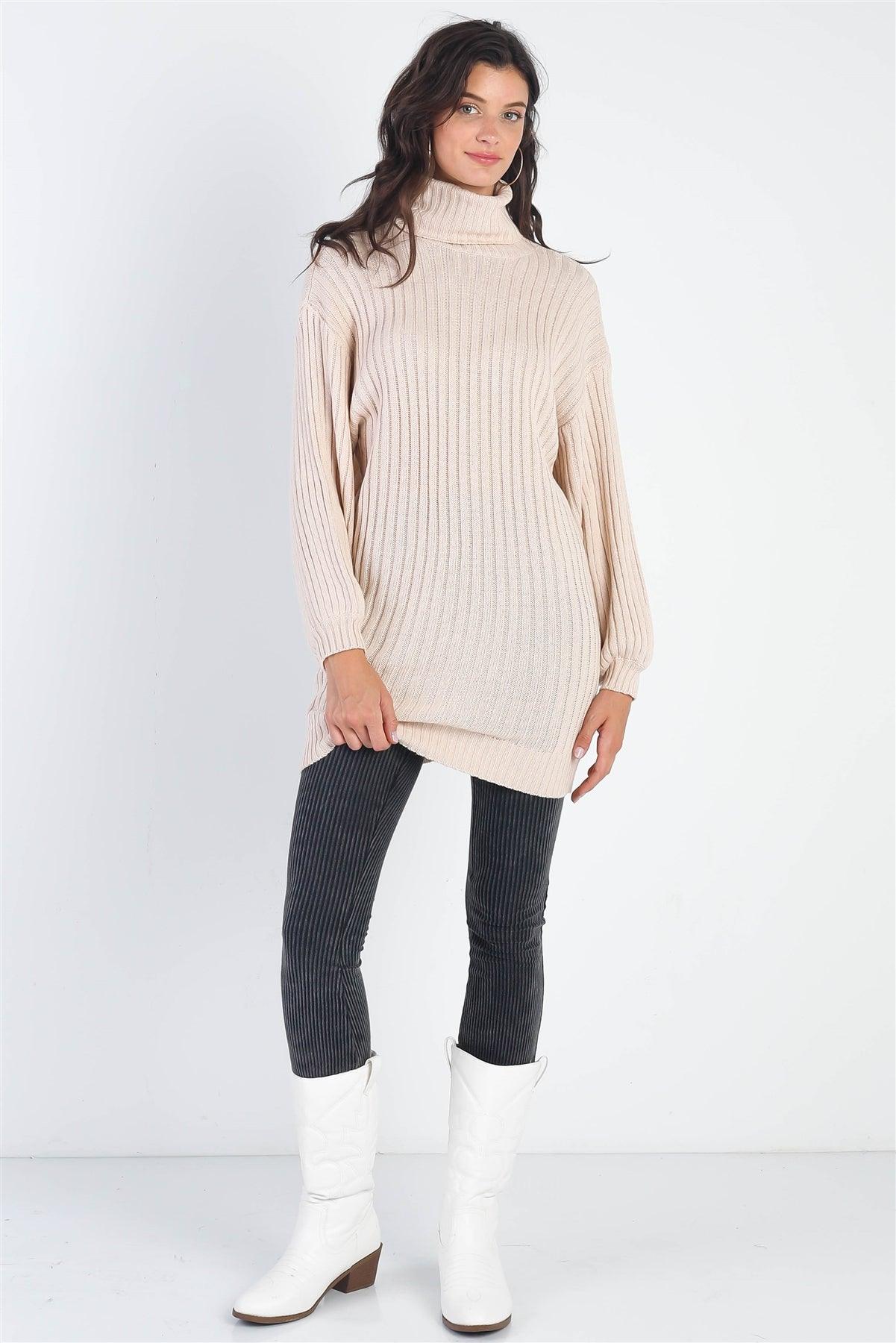 Ecru Cotton Blend Knit Ribbed Turtle Neck Sweater /1-2-2