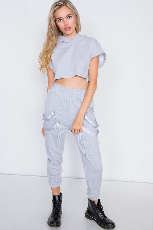 Grey Crop Hoodie Zipper Cargo Sweat Pant Set /2-2-2