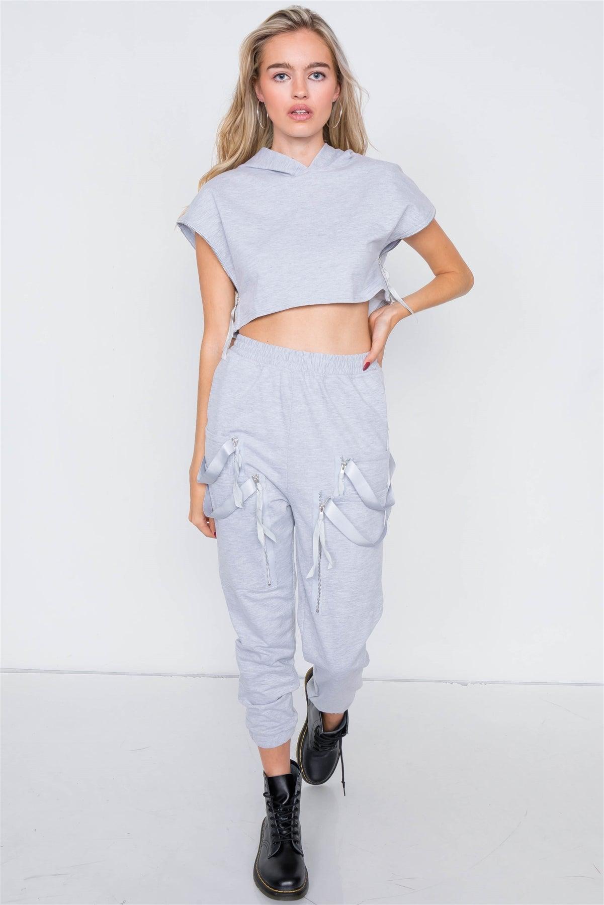 Grey Crop Hoodie Zipper Cargo Sweat Pant Set /2-2-2