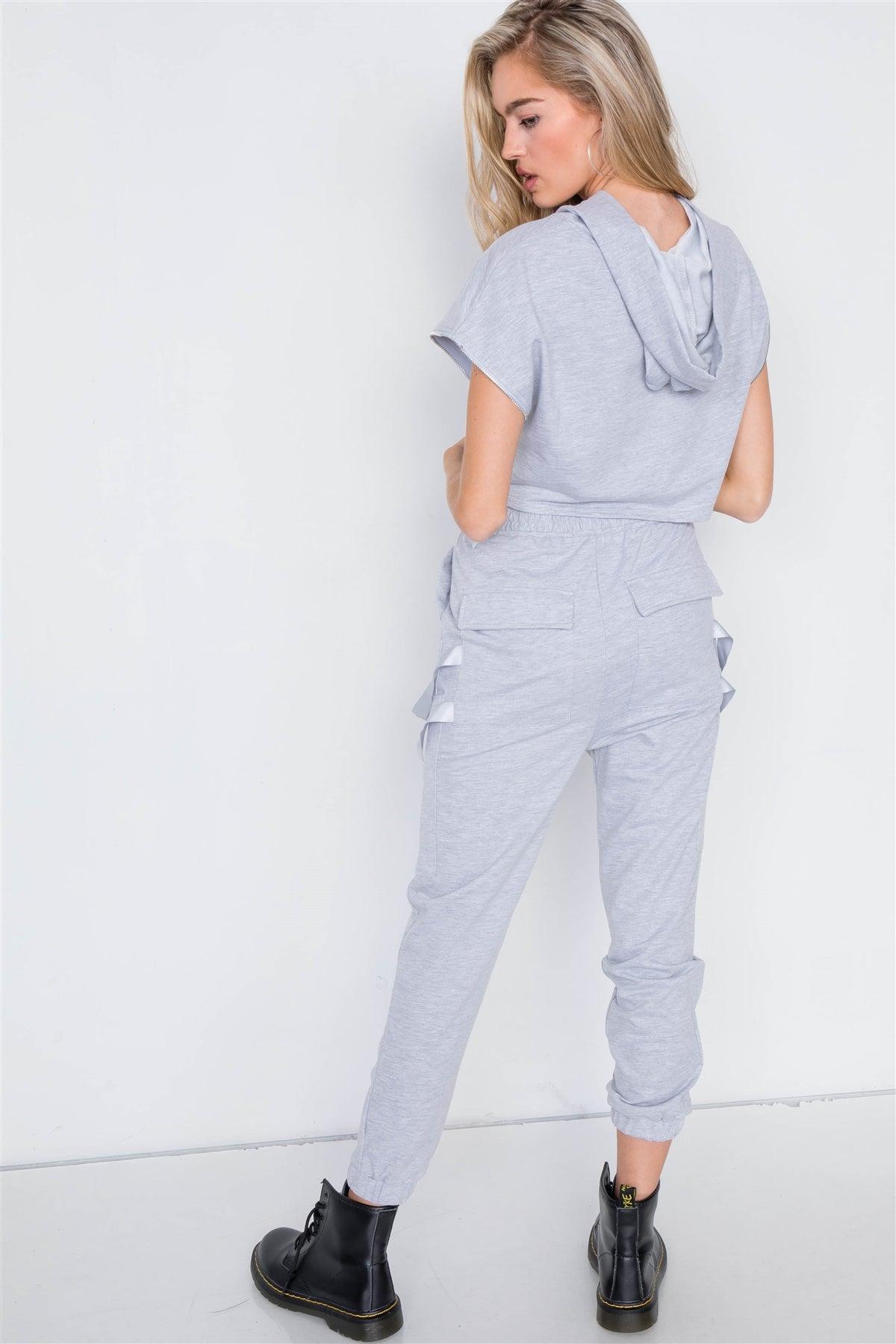 Grey Crop Hoodie Zipper Cargo Sweat Pant Set /2-2-2