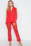 Red Sheer Pinstripe Blazer & High-Waist Pant Set /2-2-2