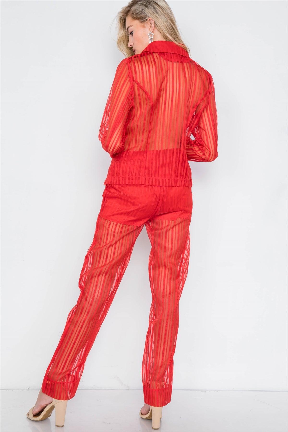 Red Sheer Pinstripe Blazer & High-Waist Pant Set /2-2-2