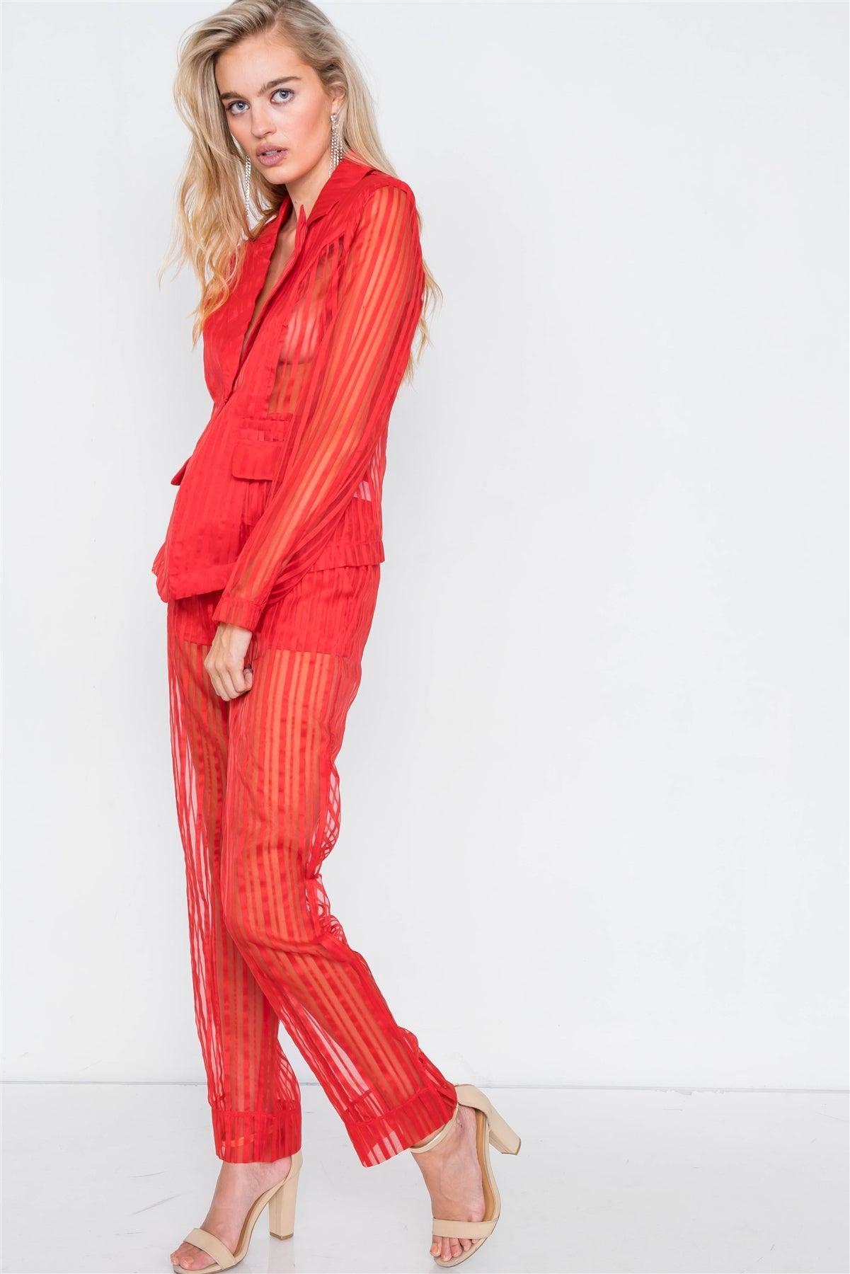 Red Sheer Pinstripe Blazer & High-Waist Pant Set /2-2-2