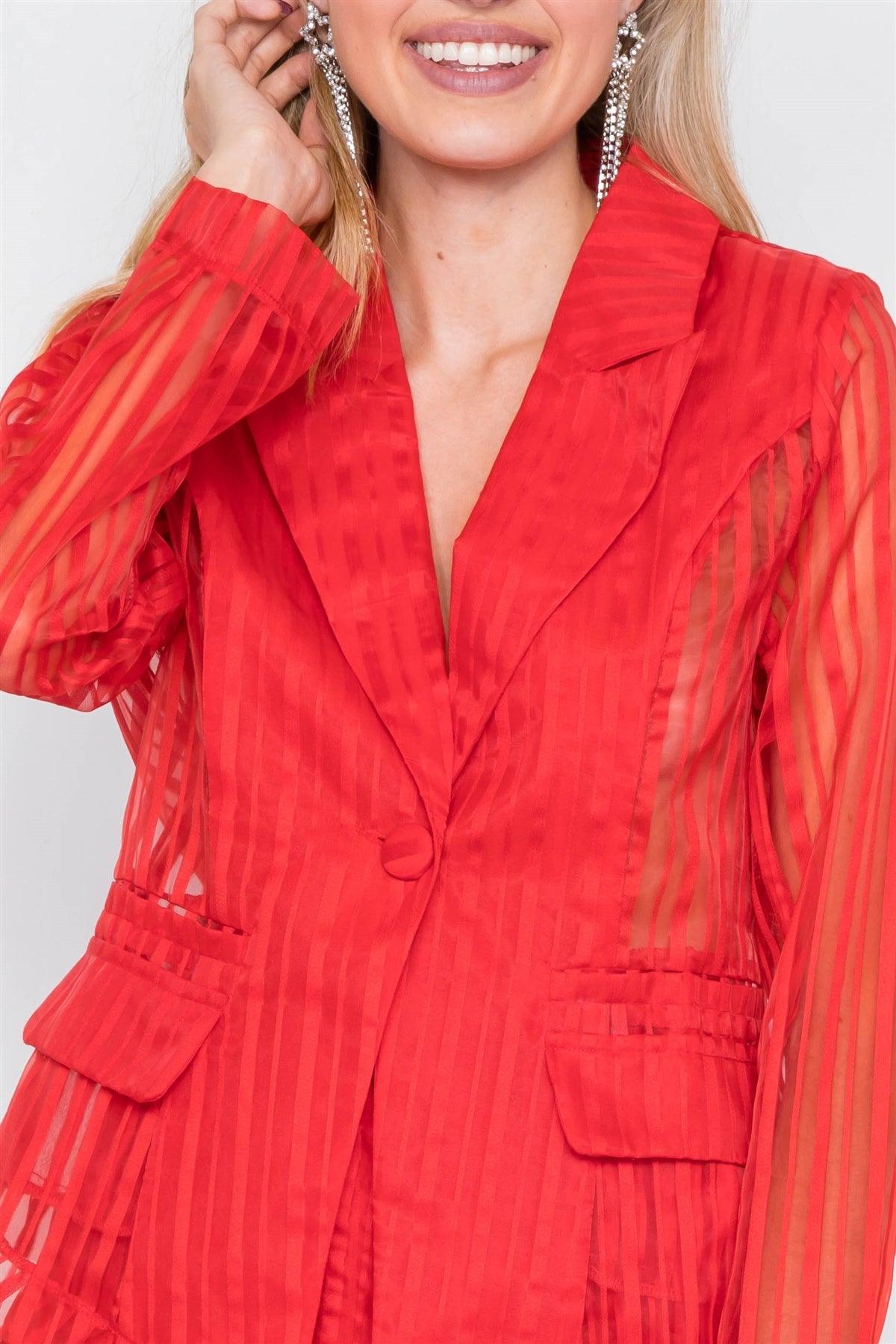 Red Sheer Pinstripe Blazer & High-Waist Pant Set /2-2-2