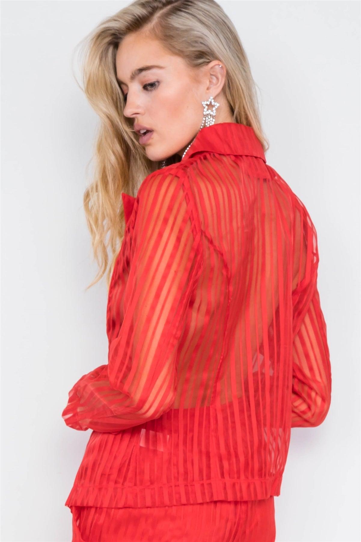 Red Sheer Pinstripe Blazer & High-Waist Pant Set /2-2-2