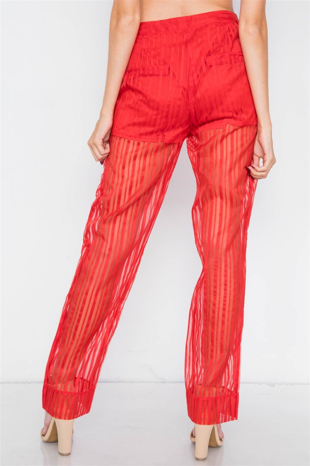 Red Sheer Pinstripe Blazer & High-Waist Pant Set /2-2-2