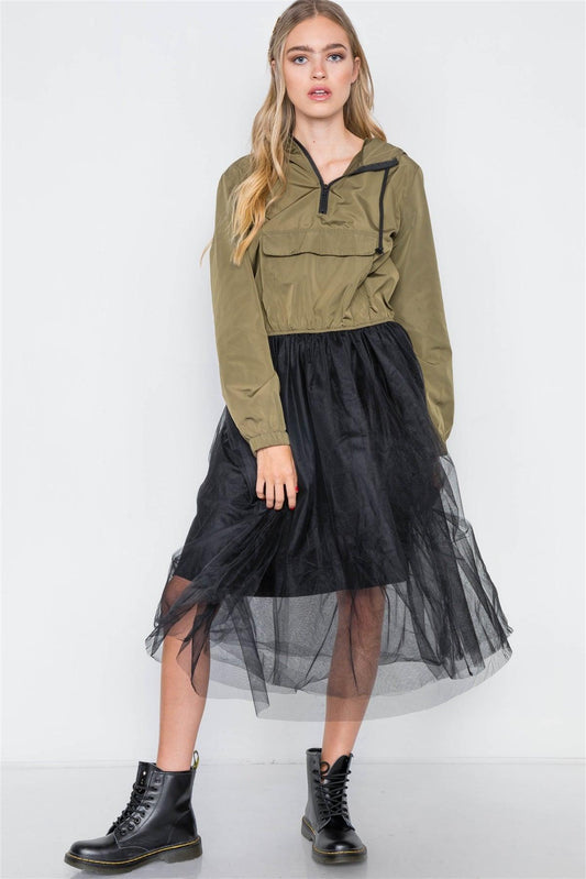 Olive Black Combo Tulle Midi Jacket Dress /2-2-2