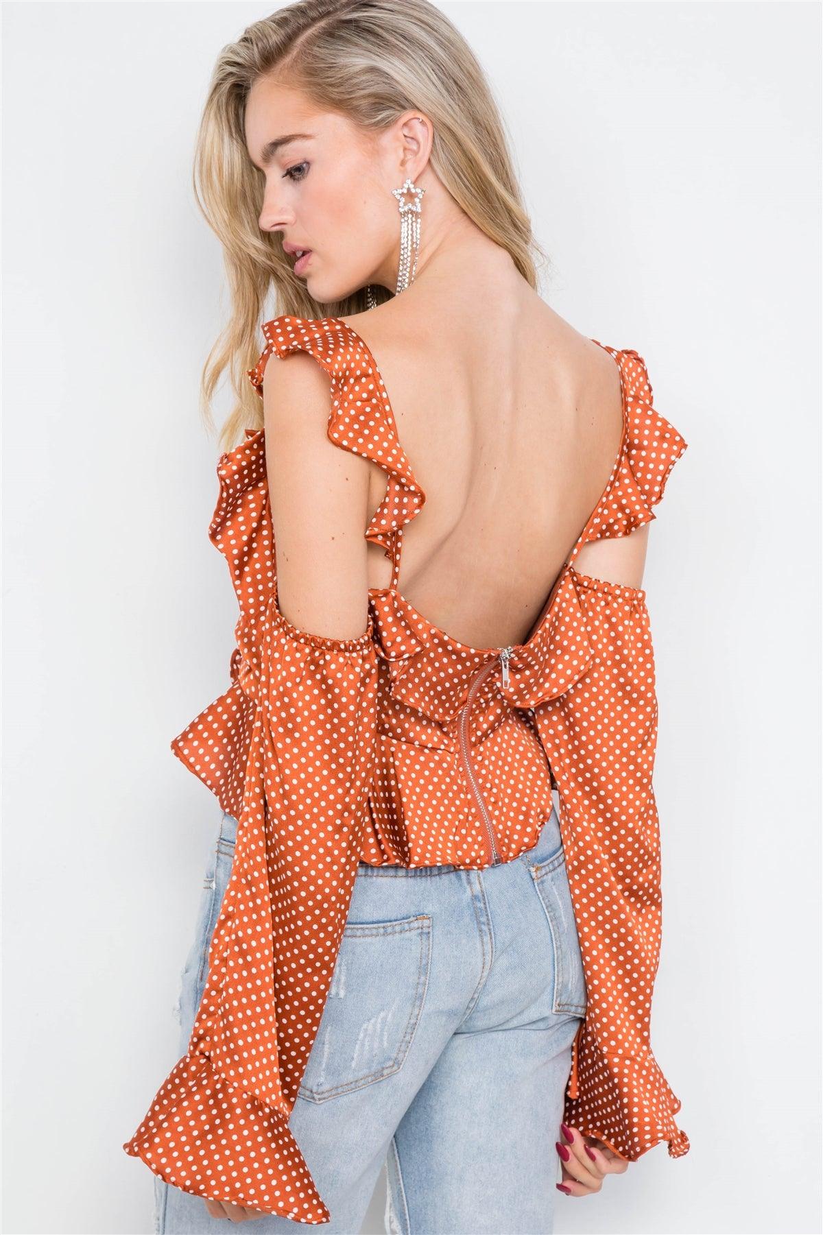 Satin Brick Cinched Flounce Off-The-Shoulder Polkadot Top /2-2-2