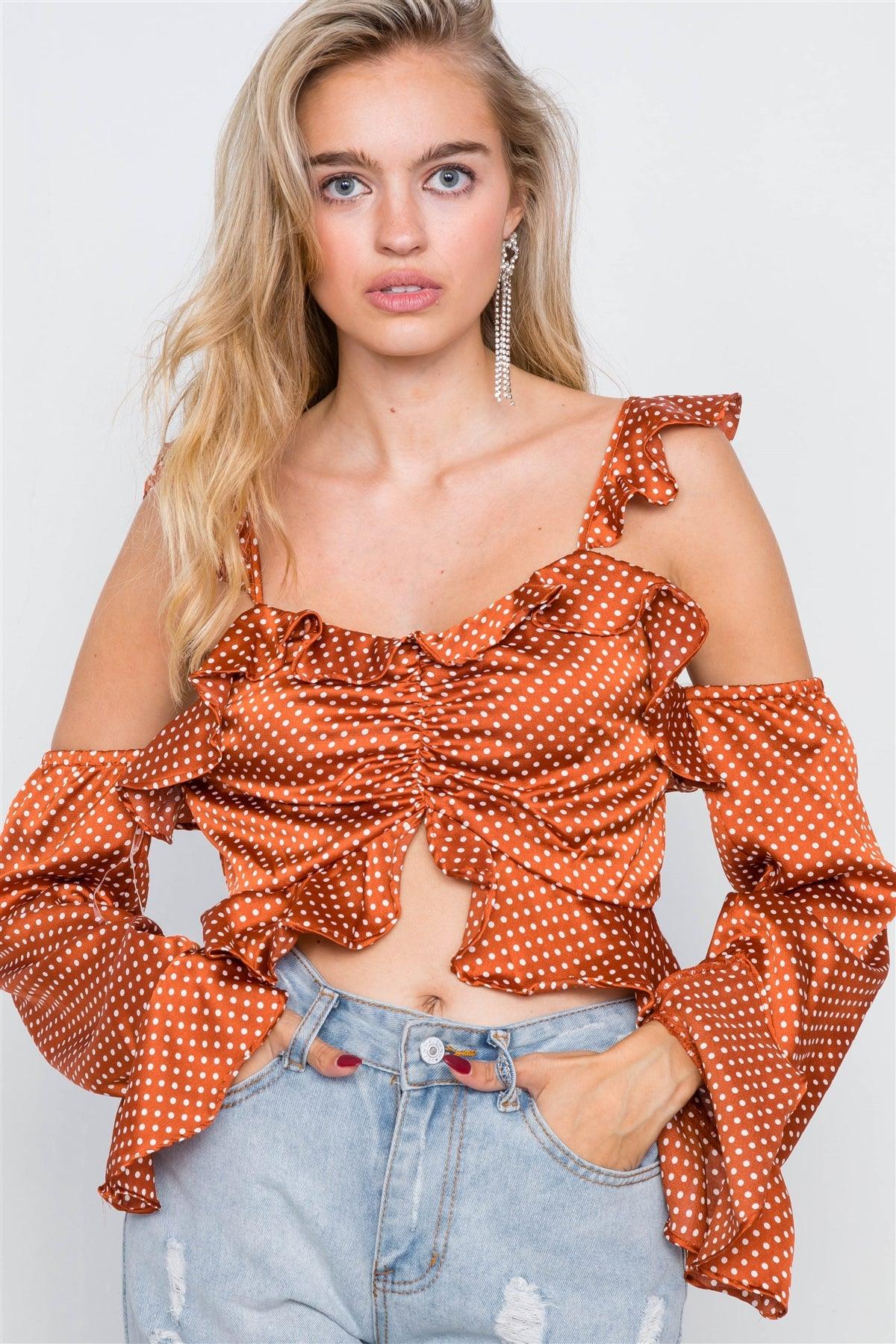 Satin Brick Cinched Flounce Off-The-Shoulder Polkadot Top /2-2-2