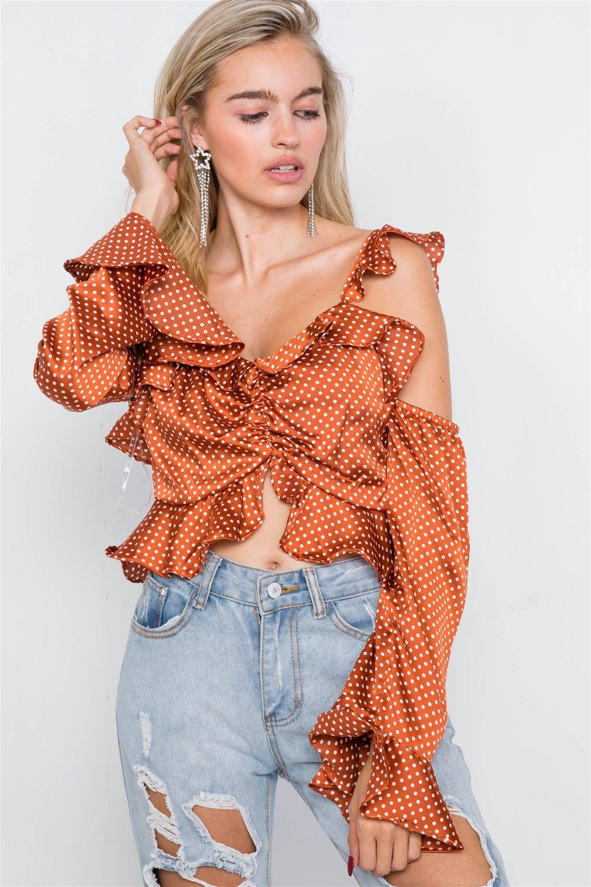 Satin Brick Cinched Flounce Off-The-Shoulder Polkadot Top /2-2-2