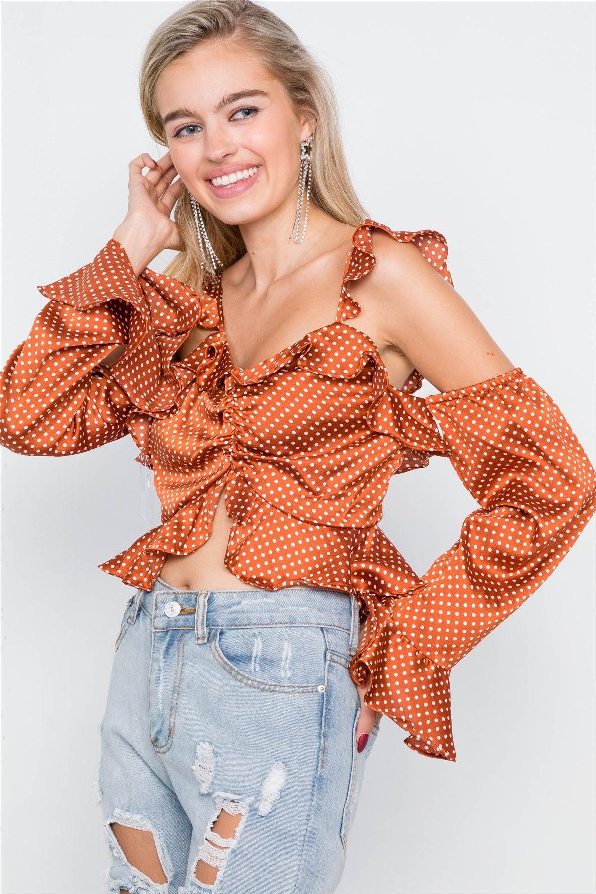 Satin Brick Cinched Flounce Off-The-Shoulder Polkadot Top /2-2-2