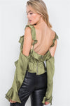 Satin Olive Cinched Flounce Off-The-Shoulder Polkadot Top /2-2-2