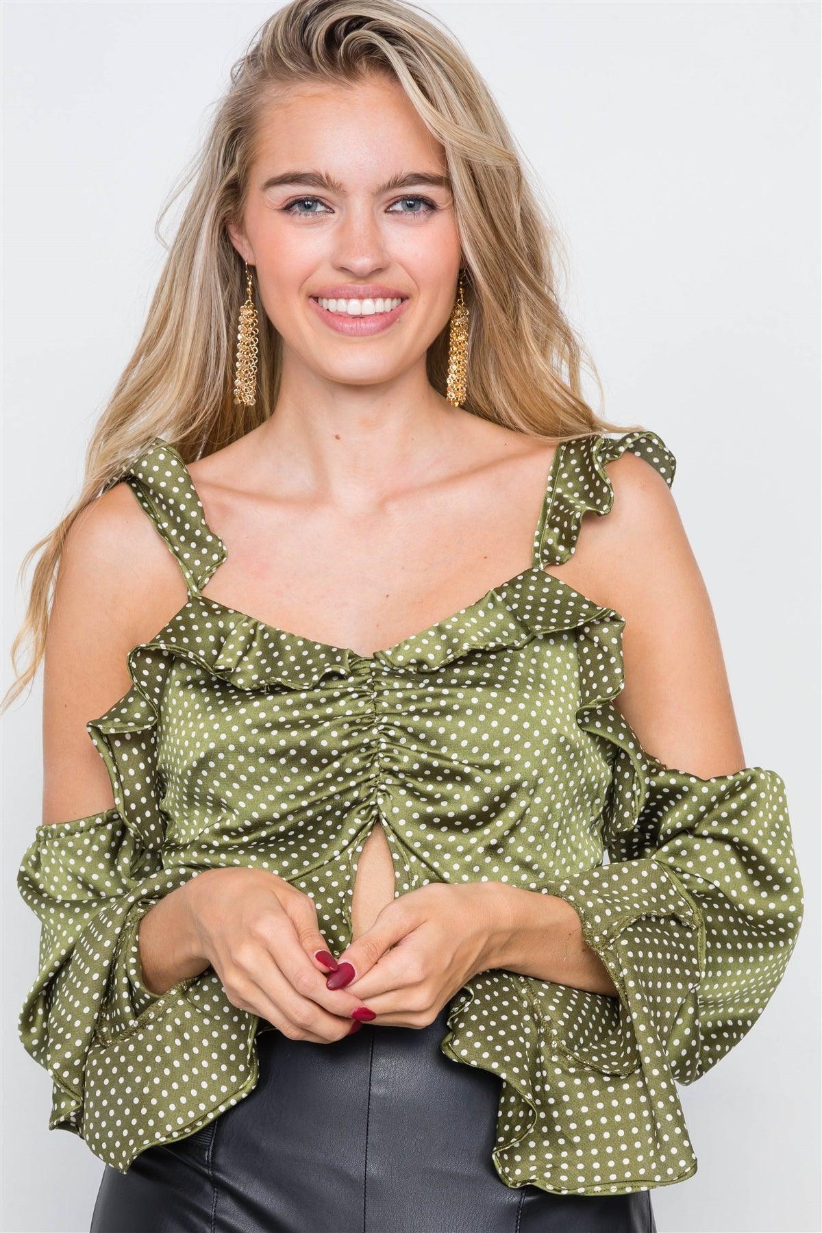 Satin Olive Cinched Flounce Off-The-Shoulder Polkadot Top /2-2-2