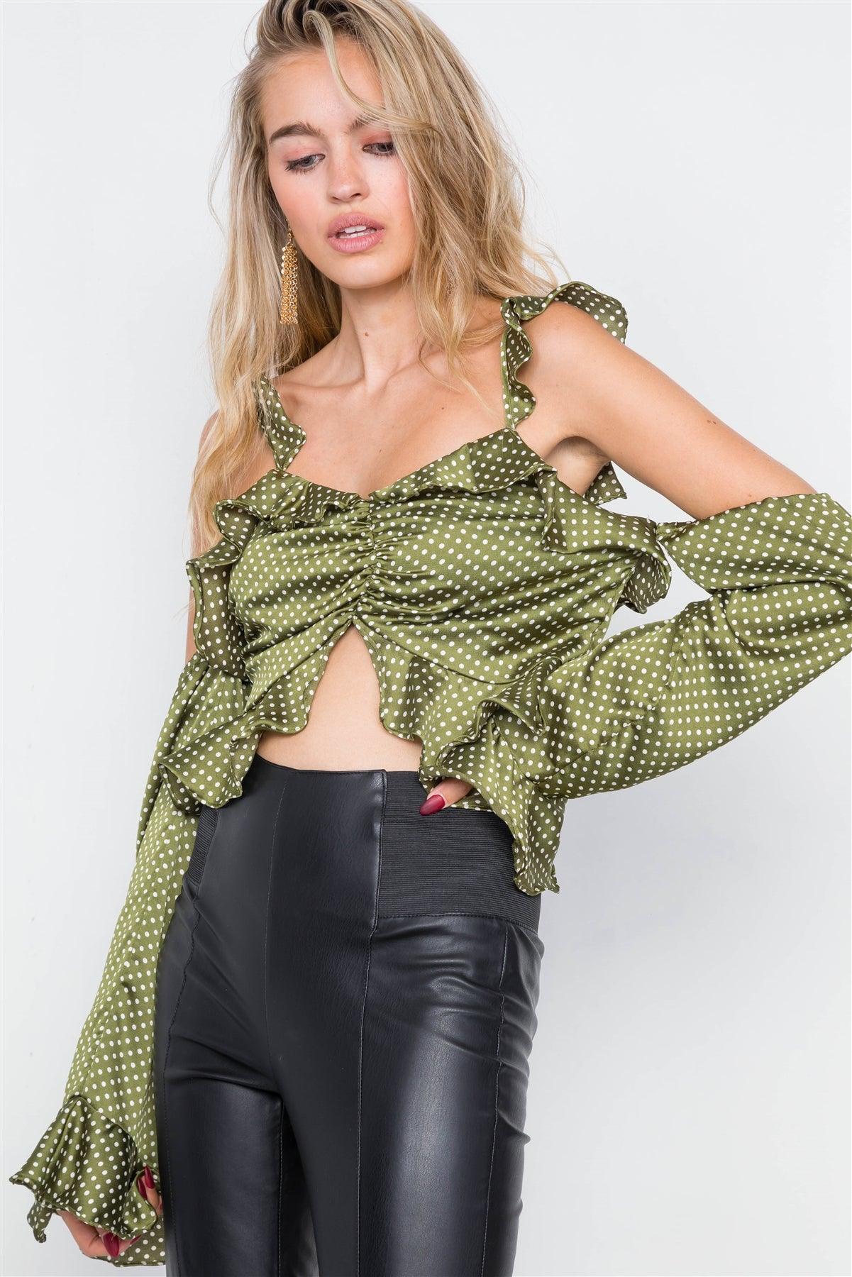 Satin Olive Cinched Flounce Off-The-Shoulder Polkadot Top /2-2-2