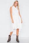 Off-White Sheer Pleated Lace Trim High-Low Full Skirt Midi Dress /2-1-2