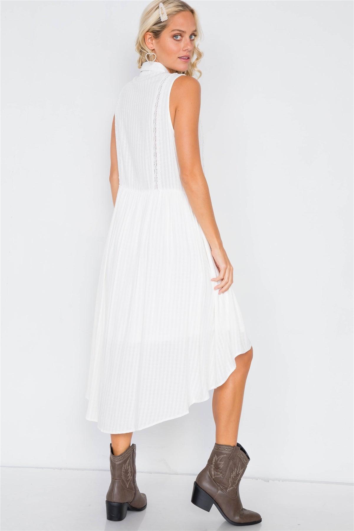 Off-White Sheer Pleated Lace Trim High-Low Full Skirt Midi Dress /2-1-2