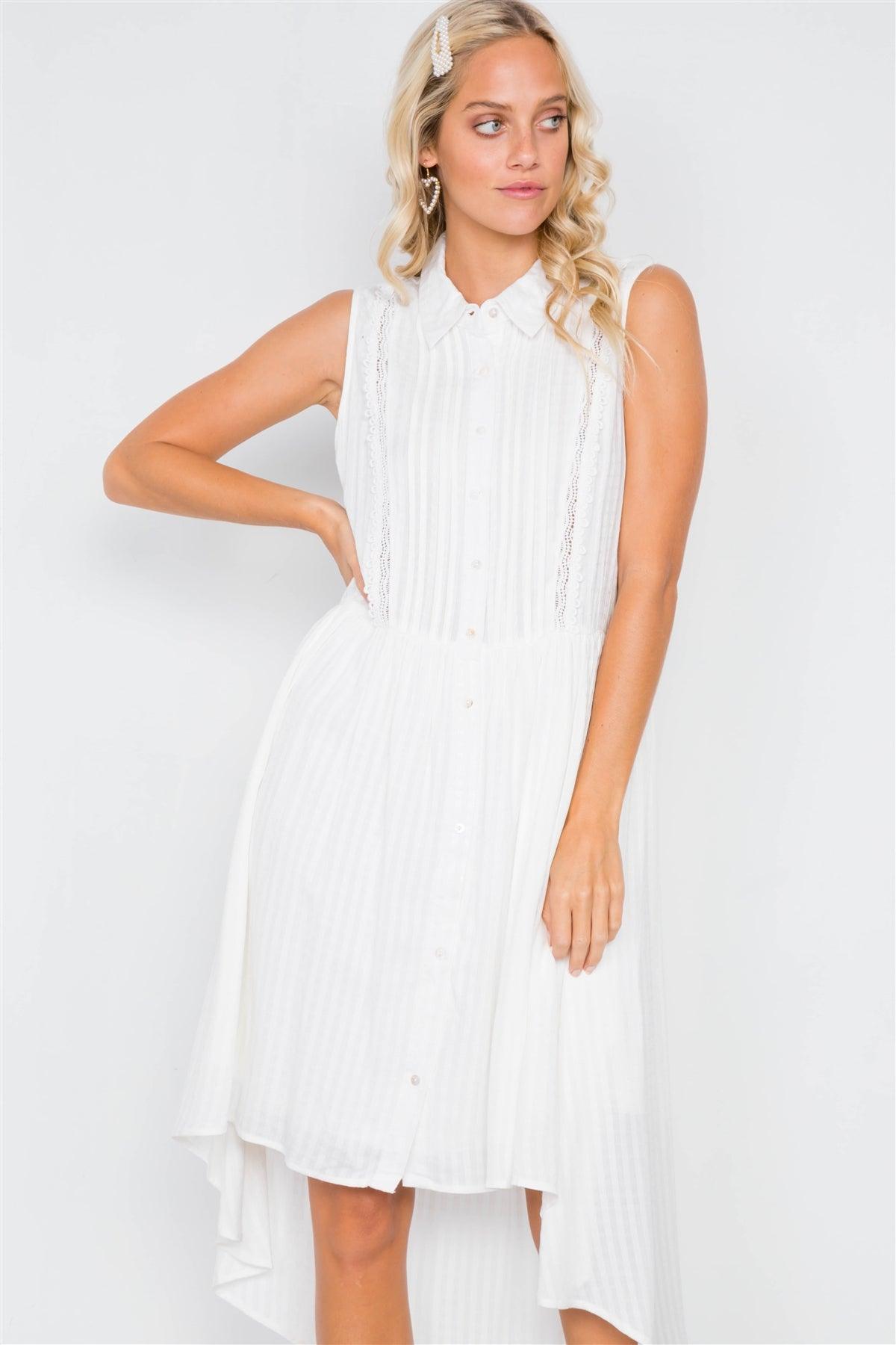 Off-White Sheer Pleated Lace Trim High-Low Full Skirt Midi Dress /2-1-2