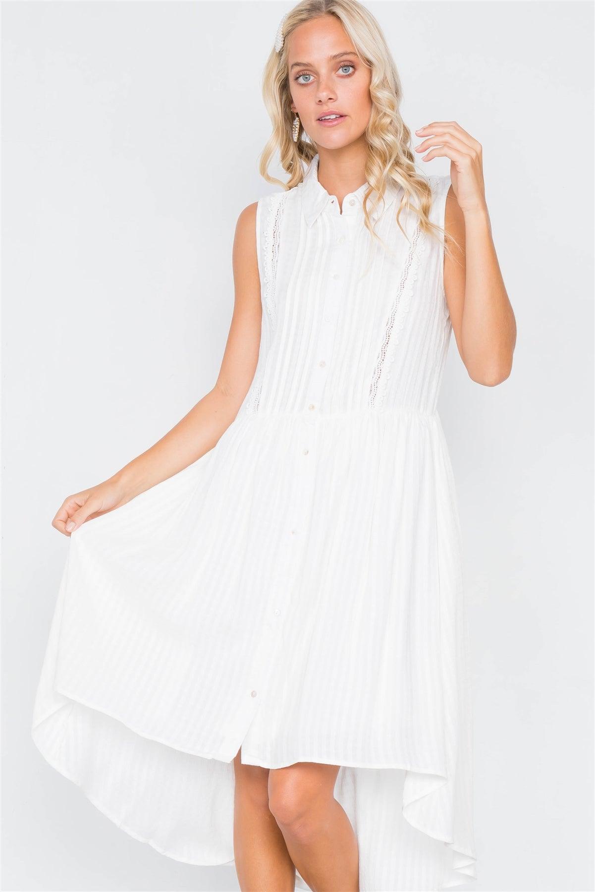 Off-White Sheer Pleated Lace Trim High-Low Full Skirt Midi Dress/2-2-2