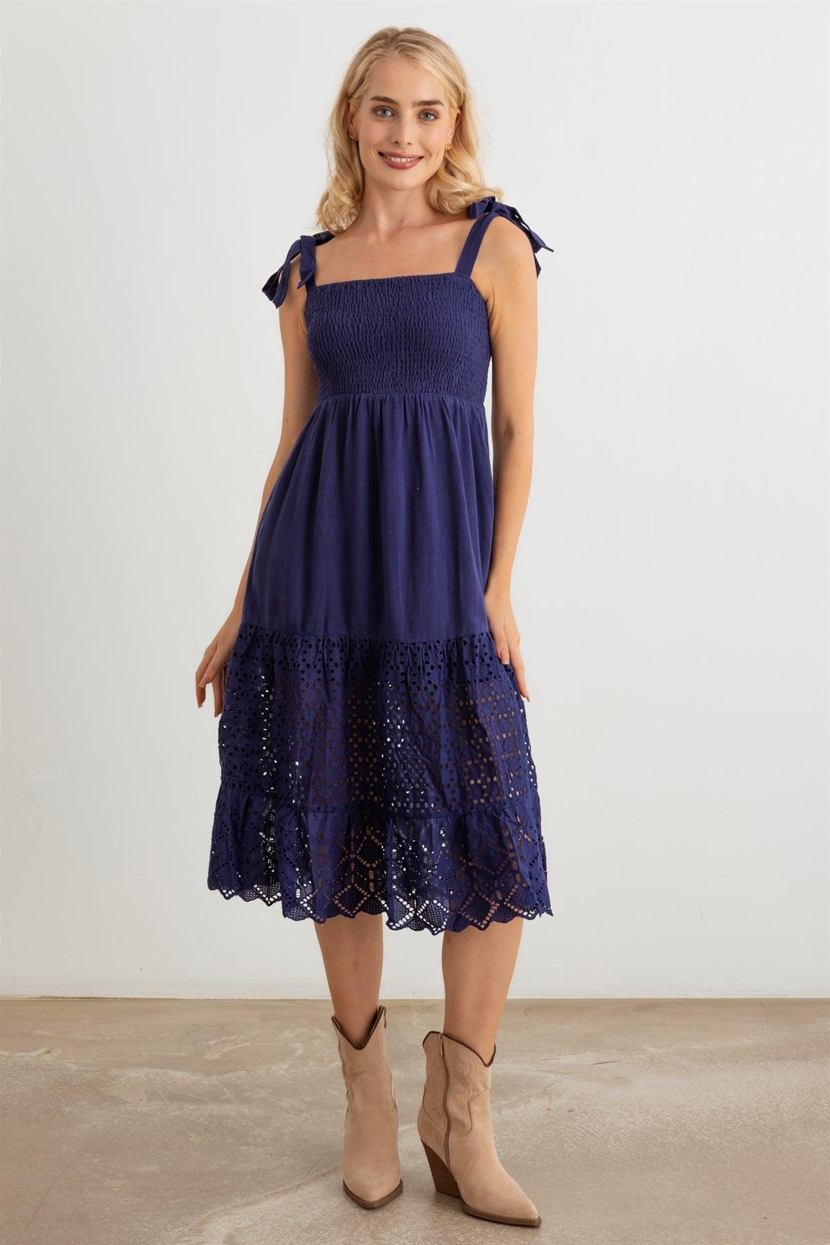 Navy Smocked Sleeveless Lace Hem Eyelet Midi Dress /2-2