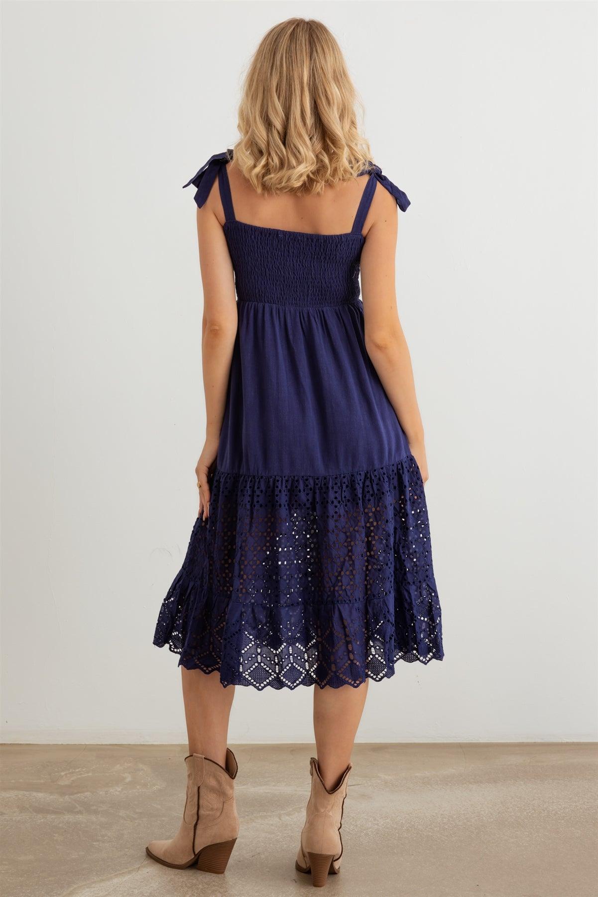 Navy Smocked Sleeveless Lace Hem Eyelet Midi Dress /2-2