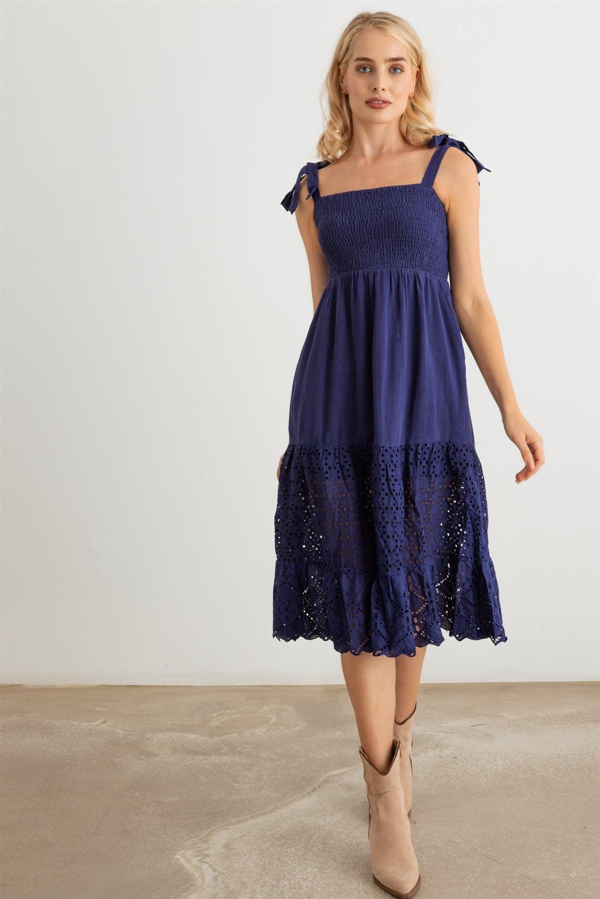 Navy Smocked Sleeveless Lace Hem Eyelet Midi Dress /2-2