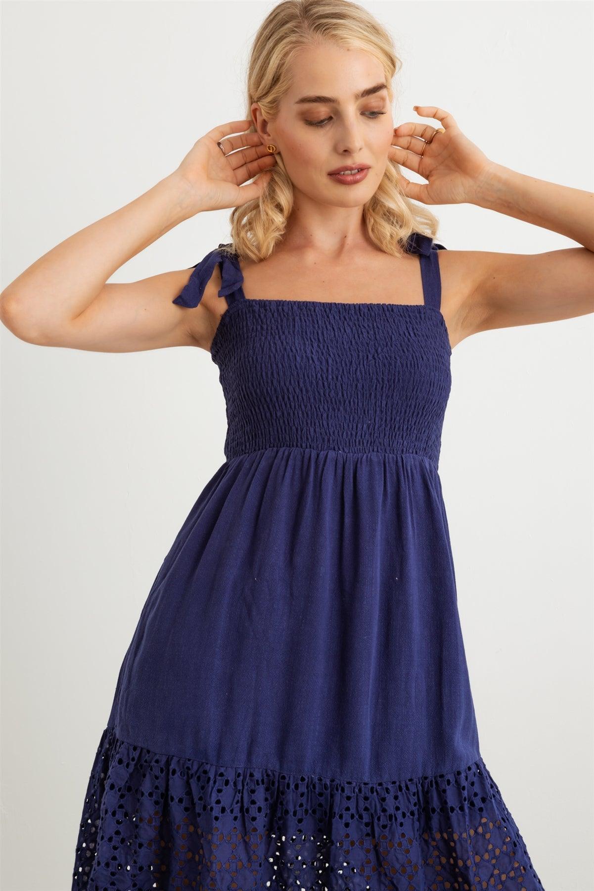 Navy Smocked Sleeveless Lace Hem Eyelet Midi Dress /2-2