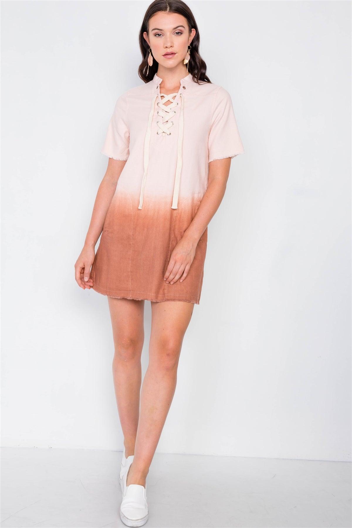 Mauve Dip Tie Dye Lace Up Mini Shift Dress /2-2-2