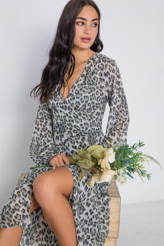 Olive Animal Print Chiffon Long Sleeve Maxi Dress /2-2-2