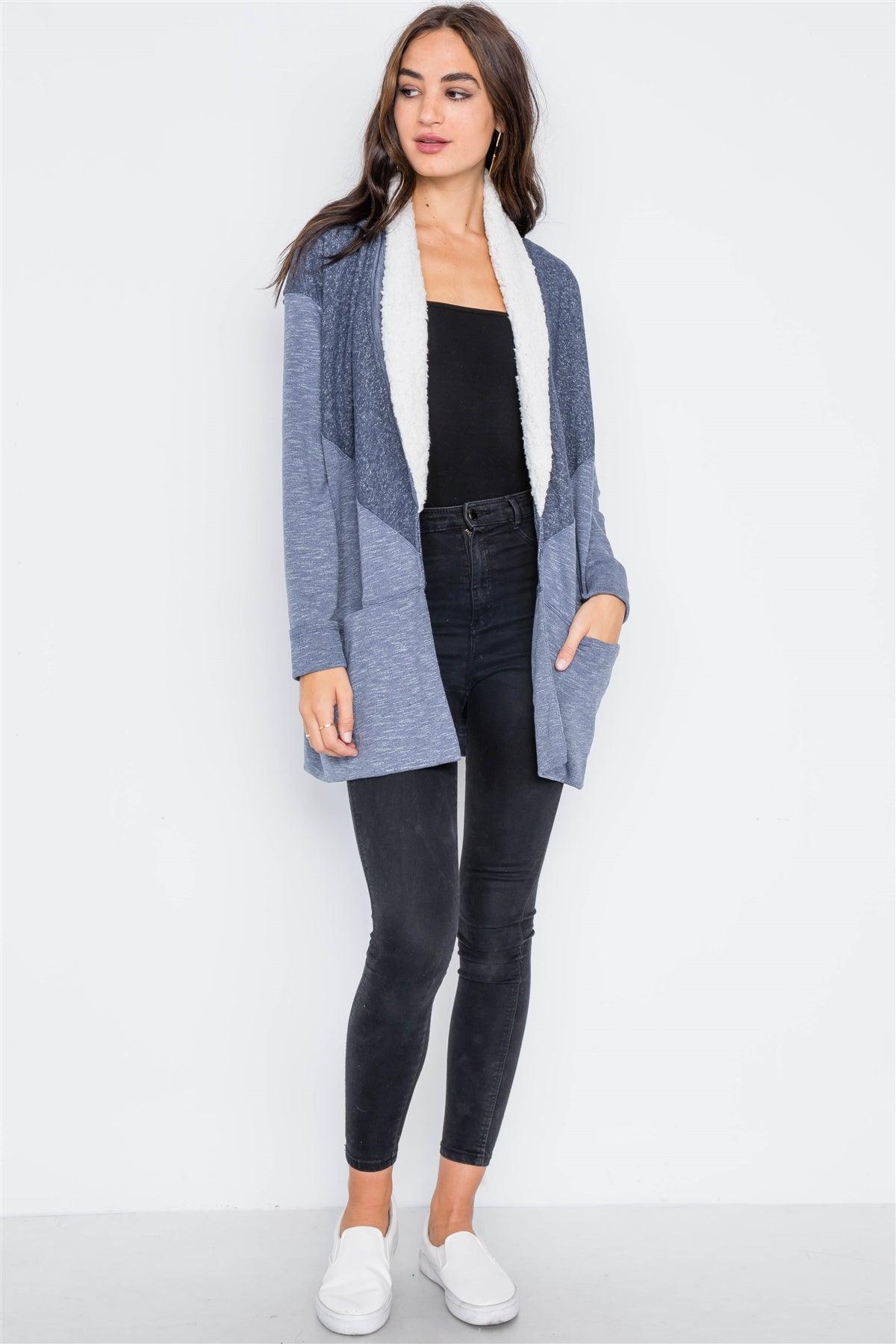 Navy Open-Front Fuzzy Collar Long Sleeve Cardigan /3-3