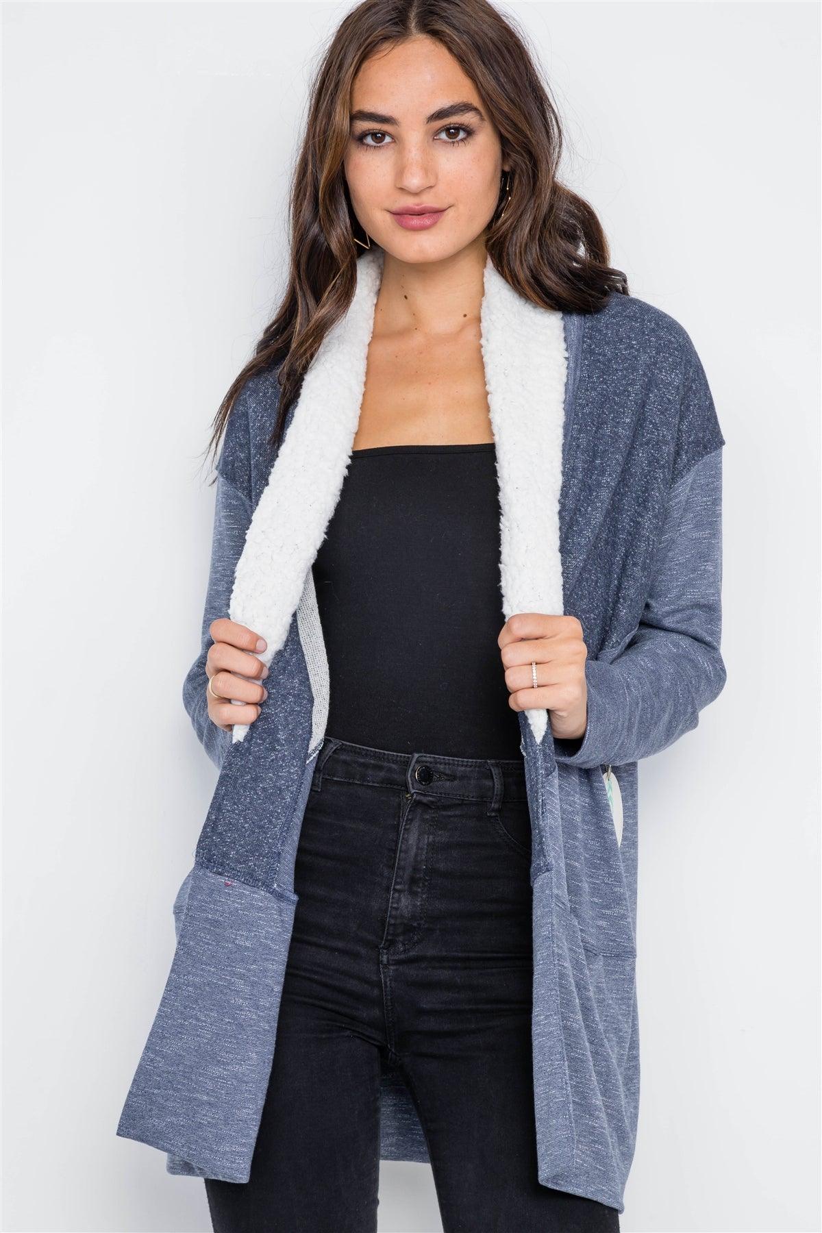 Navy Open-Front Fuzzy Collar Long Sleeve Cardigan /3-3