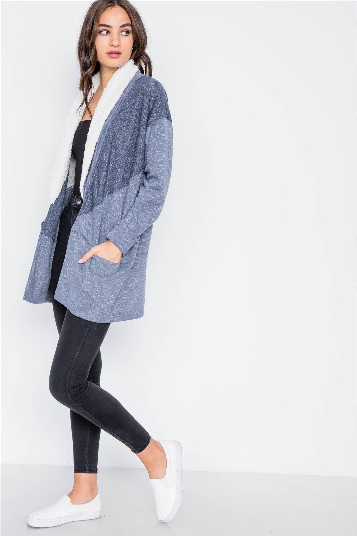 Navy Open-Front Fuzzy Collar Long Sleeve Cardigan /3-3